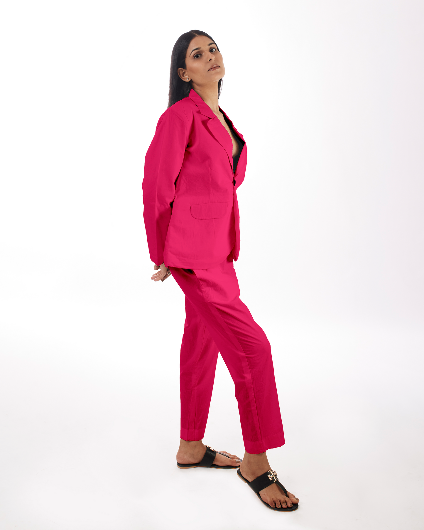 Pink Power Suit Co-ord at Kamakhyaa by Kamakhyaa. This item is 100% pure cotton, Co-ord Sets, KKYSS, Natural, Office, Office Wear, Office Wear Co-ords, Pink, Regular Fit, Solids, Summer Sutra, Womenswear