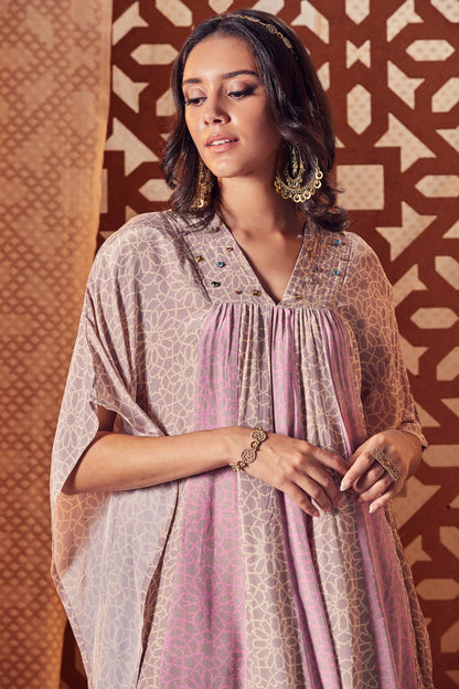 Pink Printed Kaftan at Kamakhyaa by Charkhee. This item is Best Selling, Cotton, Crepe, Embroidered, Ethnic Wear, Kaftan Dresses, Kaftans, Maxi Dresses, Naayaab, Natural, Nayaab, Pink, Relaxed Fit, Womenswear