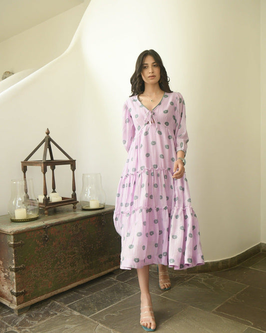 Pink Printed Tiered Dress at Kamakhyaa by Taro. This item is Evening Wear, Handwoven Cotton SIlk, July Sale, July Sale 2023, Midi Dresses, Natural, Pink, Printed Selfsame, Prints, Regular Fit, Tiered Dresses, Wildflower Taro, Womenswear