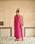 Pink Rose Kurta Set at Kamakhyaa by Taro. This item is Beads work, Best Selling, Chanderi Silk, Chiffon, Digital Print, Enchanted Garden, Evening Wear, Festive Wear, Fitted At Bust, Indian Wear, July Sale, July Sale 2023, Kurta Pant Sets, Kurta Set With Dupatta, Natural, Natural with azo free dyes, Pink, Sequin Work, Womenswear