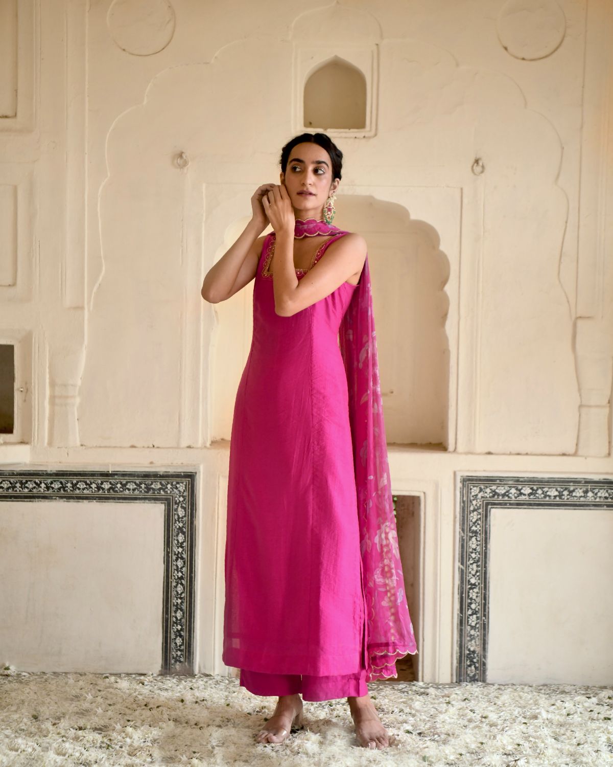 Pink Rose Kurta Set at Kamakhyaa by Taro. This item is Beads work, Best Selling, Chanderi Silk, Chiffon, Digital Print, Enchanted Garden, Evening Wear, Festive Wear, Fitted At Bust, Indian Wear, July Sale, July Sale 2023, Kurta Pant Sets, Kurta Set With Dupatta, Natural, Natural with azo free dyes, Pink, Sequin Work, Womenswear