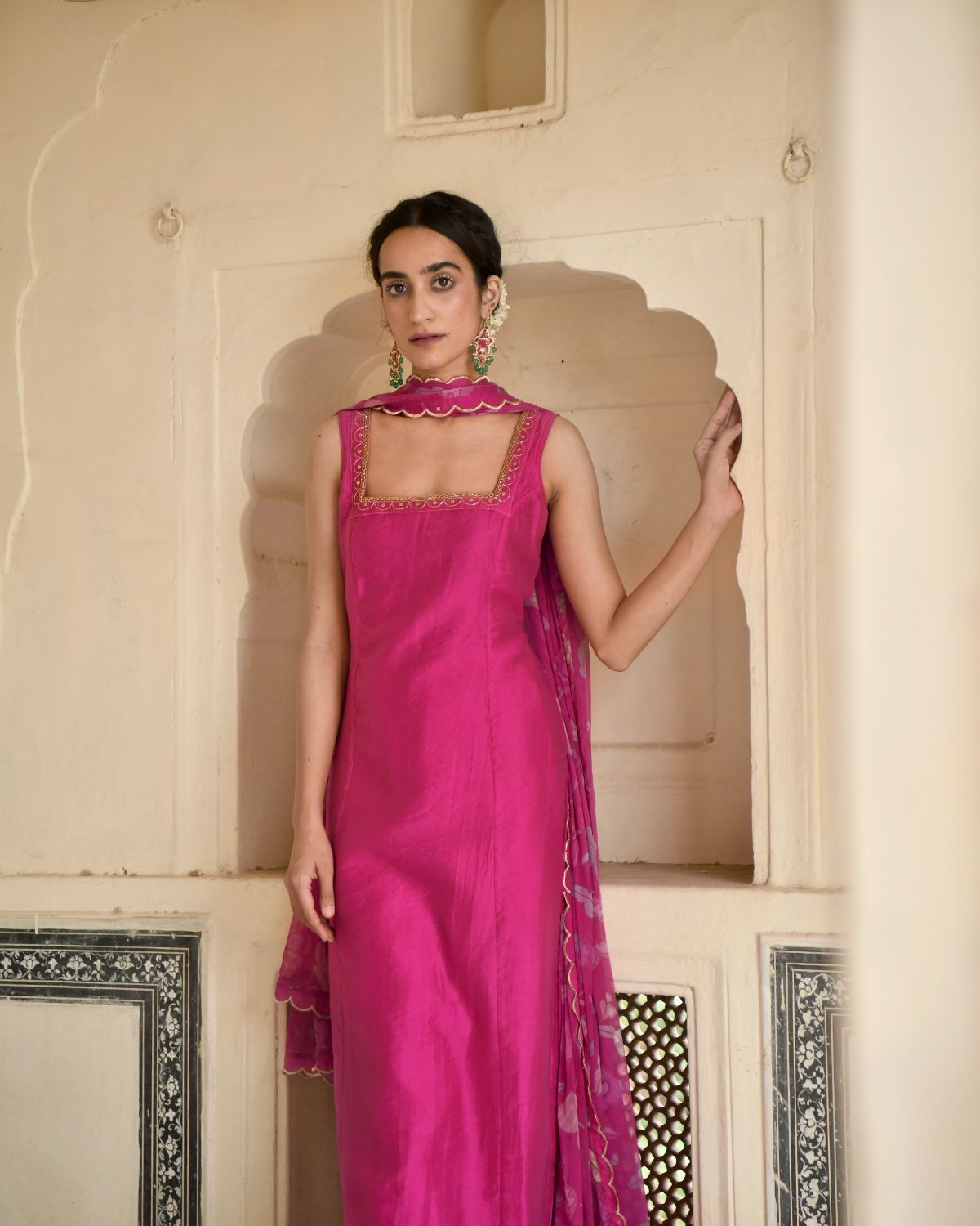 Pink Rose Kurta Set at Kamakhyaa by Taro. This item is Beads work, Best Selling, Chanderi Silk, Chiffon, Digital Print, Enchanted Garden, Evening Wear, Festive Wear, Fitted At Bust, Indian Wear, July Sale, July Sale 2023, Kurta Pant Sets, Kurta Set With Dupatta, Natural, Natural with azo free dyes, Pink, Sequin Work, Womenswear