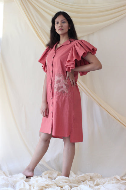 Pink Ruffled Midi Dress at Kamakhyaa by Chambray & Co.. This item is Casual Wear, Cotton, Midi Dresses, Natural, Pink, Regular Fit, Solids, Womenswear
