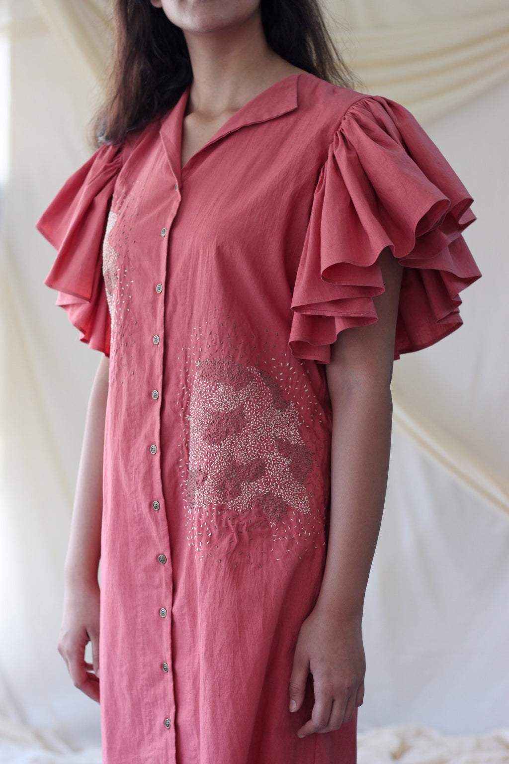 Pink Ruffled Midi Dress at Kamakhyaa by Chambray & Co.. This item is Casual Wear, Cotton, Midi Dresses, Natural, Pink, Regular Fit, Solids, Womenswear