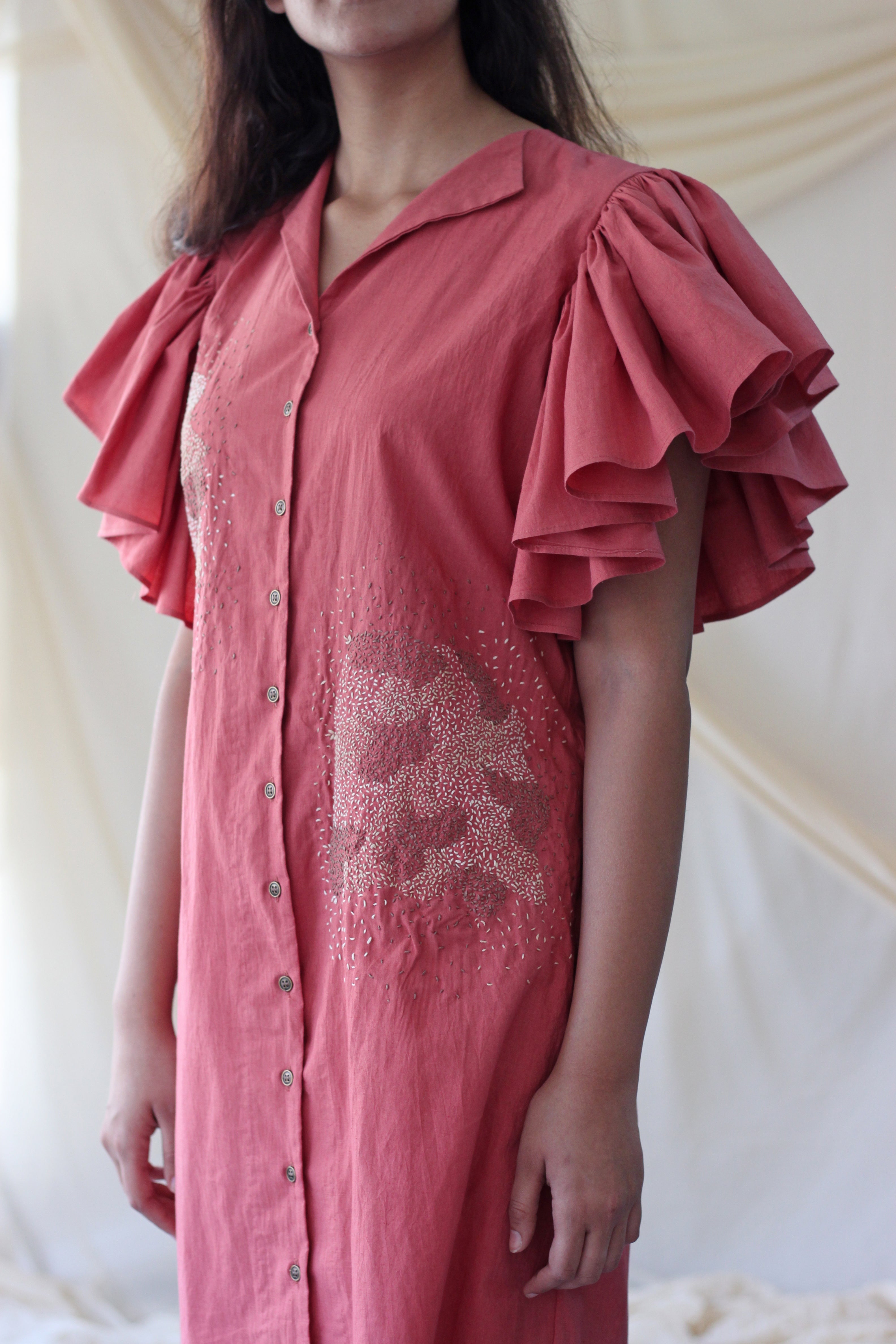 Pink Ruffled Midi Dress at Kamakhyaa by Chambray & Co.. This item is Casual Wear, Cotton, Midi Dresses, Natural, Pink, Regular Fit, Solids, Womenswear