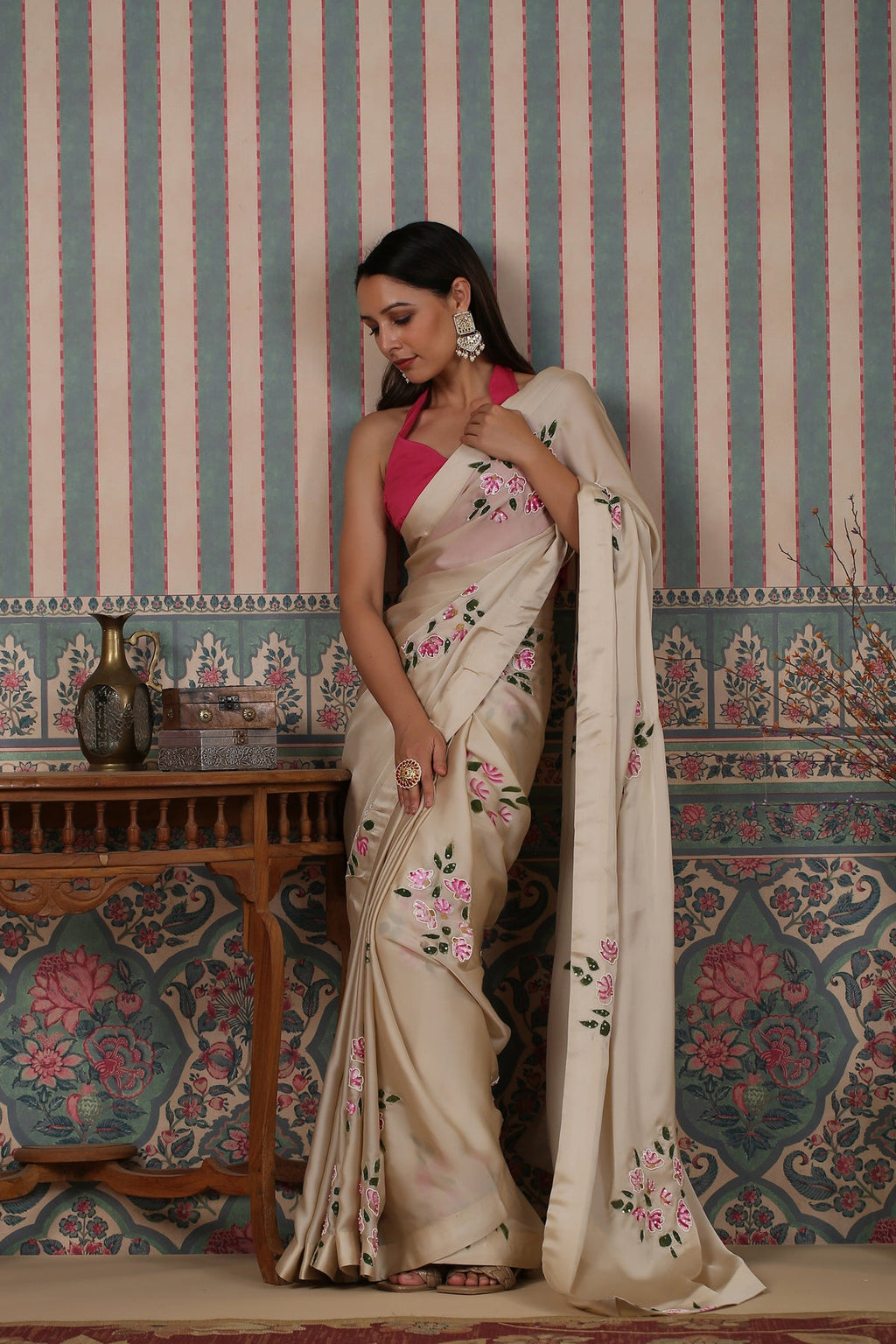 Pink Saree Set at Kamakhyaa by MOH-The Eternal Dhaga. This item is Cotton, Cotton Satin, Festive Wear, Free Size, Moh-The eternal Dhaga, Natural, Pink, Prints, Saree Sets, Womenswear