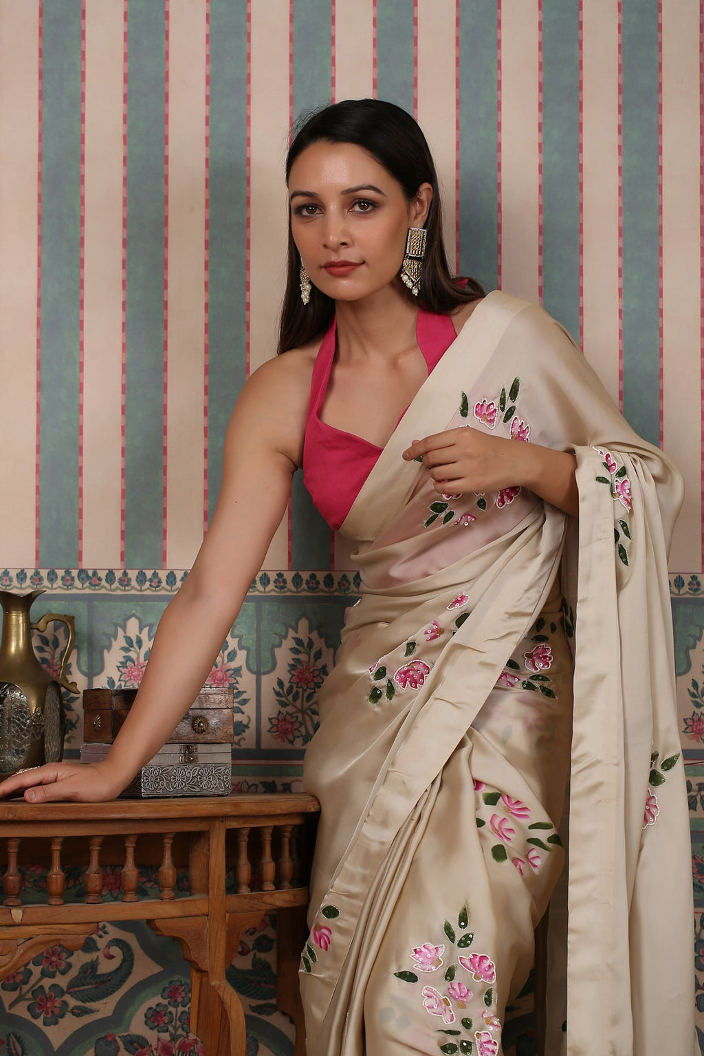 Pink Saree Set at Kamakhyaa by MOH-The Eternal Dhaga. This item is Cotton, Cotton Satin, Festive Wear, Free Size, Moh-The eternal Dhaga, Natural, Pink, Prints, Saree Sets, Womenswear