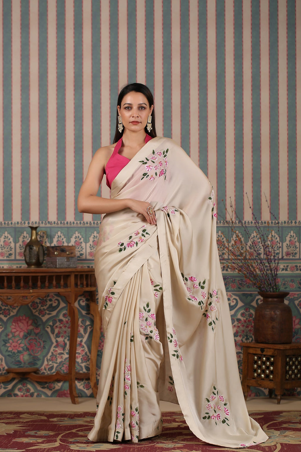 Pink Saree Set at Kamakhyaa by MOH-The Eternal Dhaga. This item is Cotton, Cotton Satin, Festive Wear, Free Size, Moh-The eternal Dhaga, Natural, Pink, Prints, Saree Sets, Womenswear