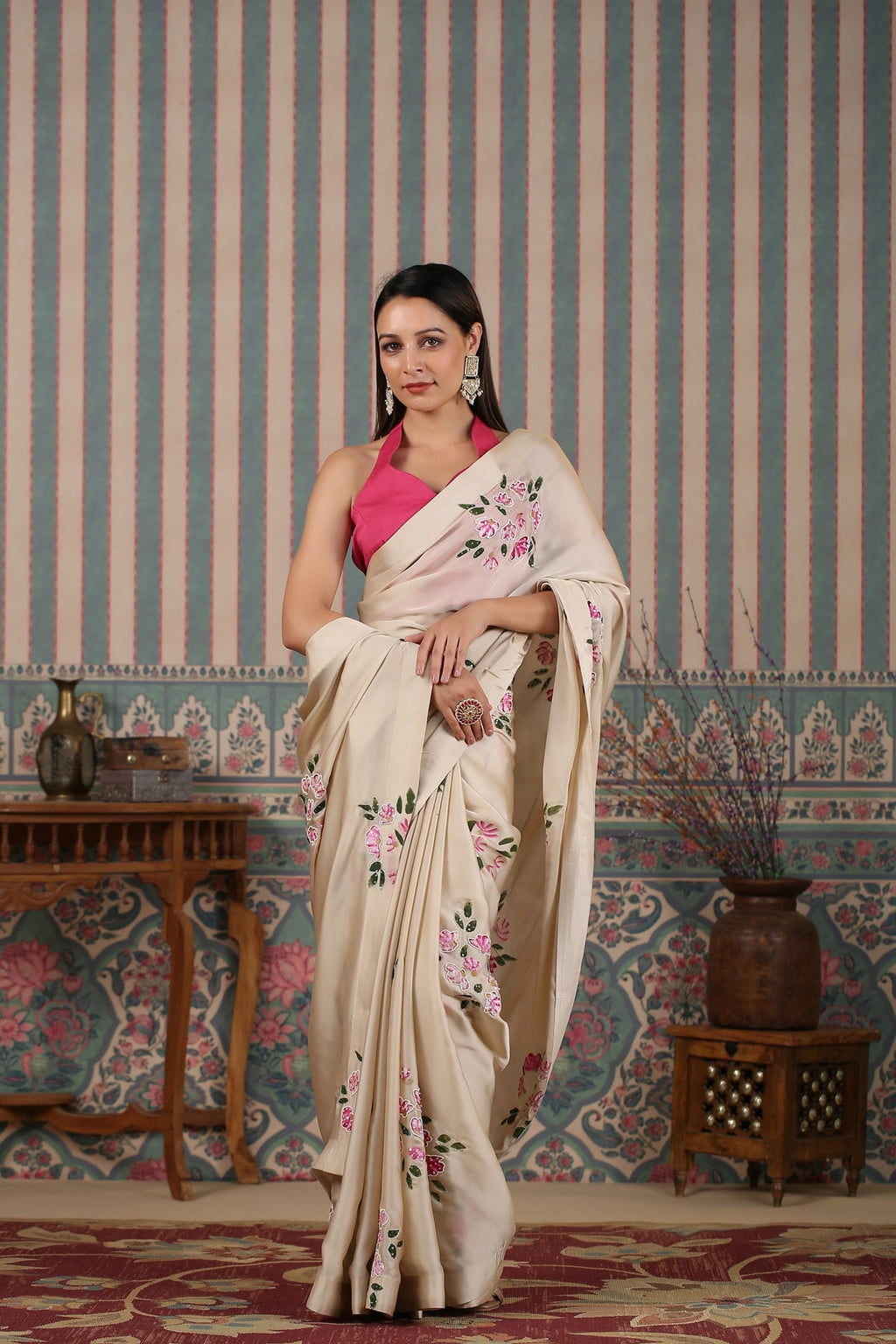 Pink Saree Set at Kamakhyaa by MOH-The Eternal Dhaga. This item is Cotton, Cotton Satin, Festive Wear, Free Size, Moh-The eternal Dhaga, Natural, Pink, Prints, Saree Sets, Womenswear