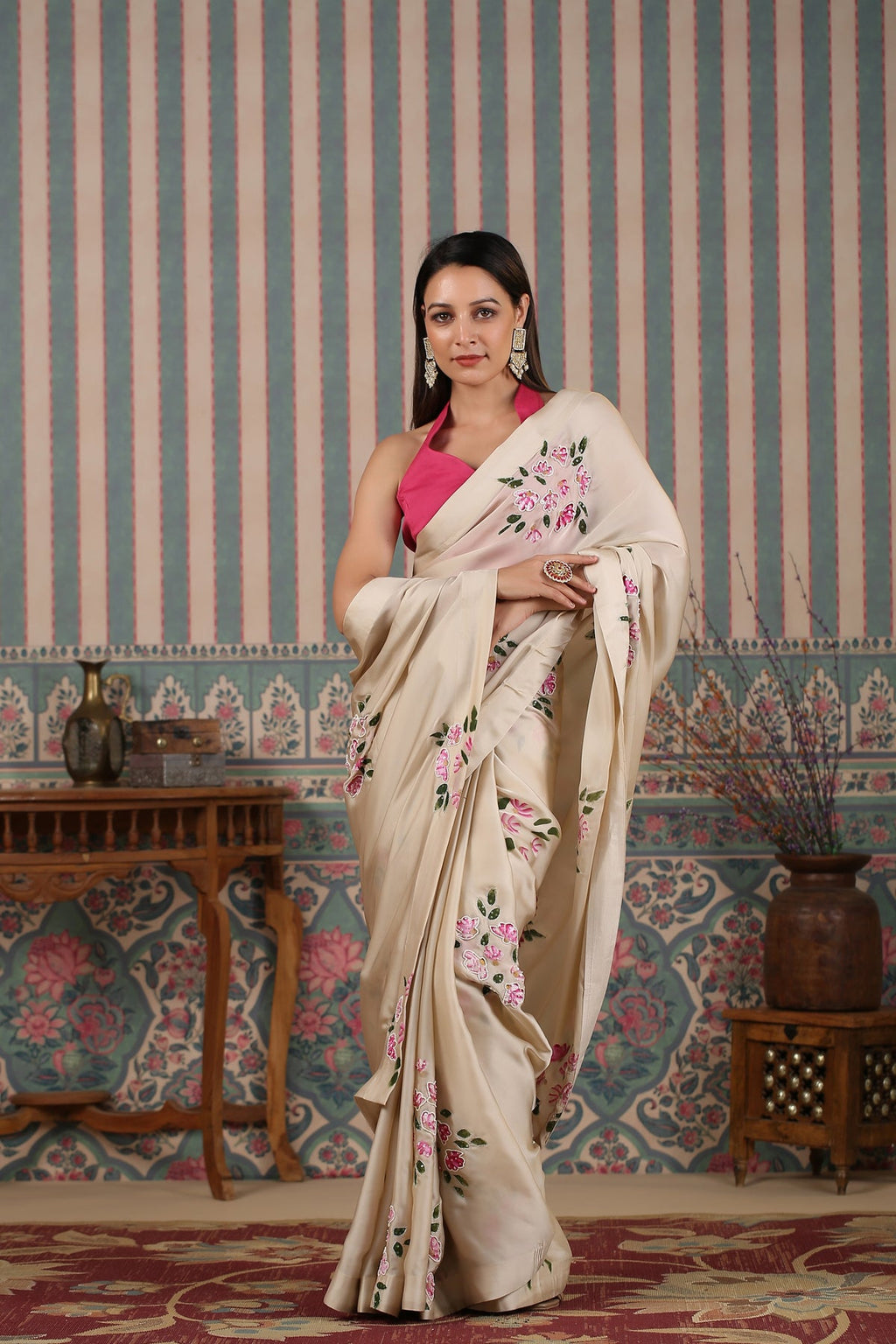 Pink Saree Set at Kamakhyaa by MOH-The Eternal Dhaga. This item is Cotton, Cotton Satin, Festive Wear, Free Size, Moh-The eternal Dhaga, Natural, Pink, Prints, Saree Sets, Womenswear