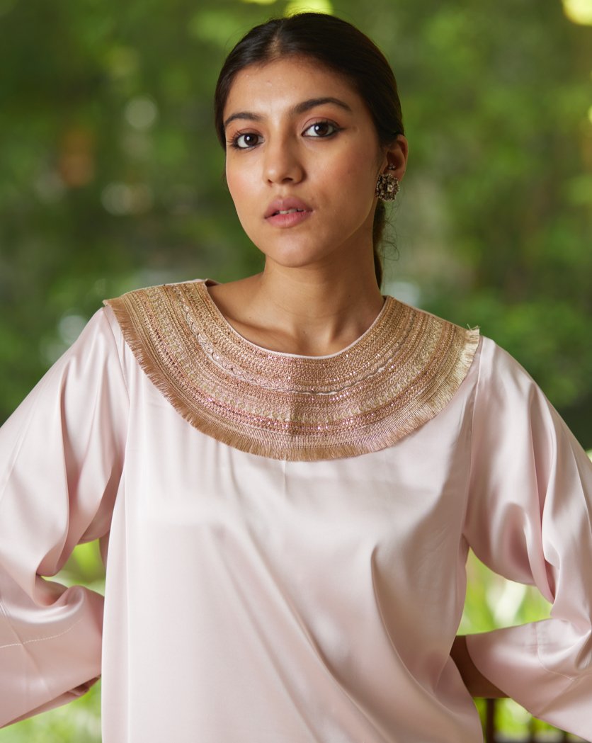 Pink Satin Silk Kurta Pant Set at Kamakhyaa by Mayura Kumar. This item is Casual Wear, Festive Wear, Kurta Pant Sets, Mayura Kumar, Pink, Regular Fit, Satin, Silk, Solids, Timeless Elegance, Womenswear