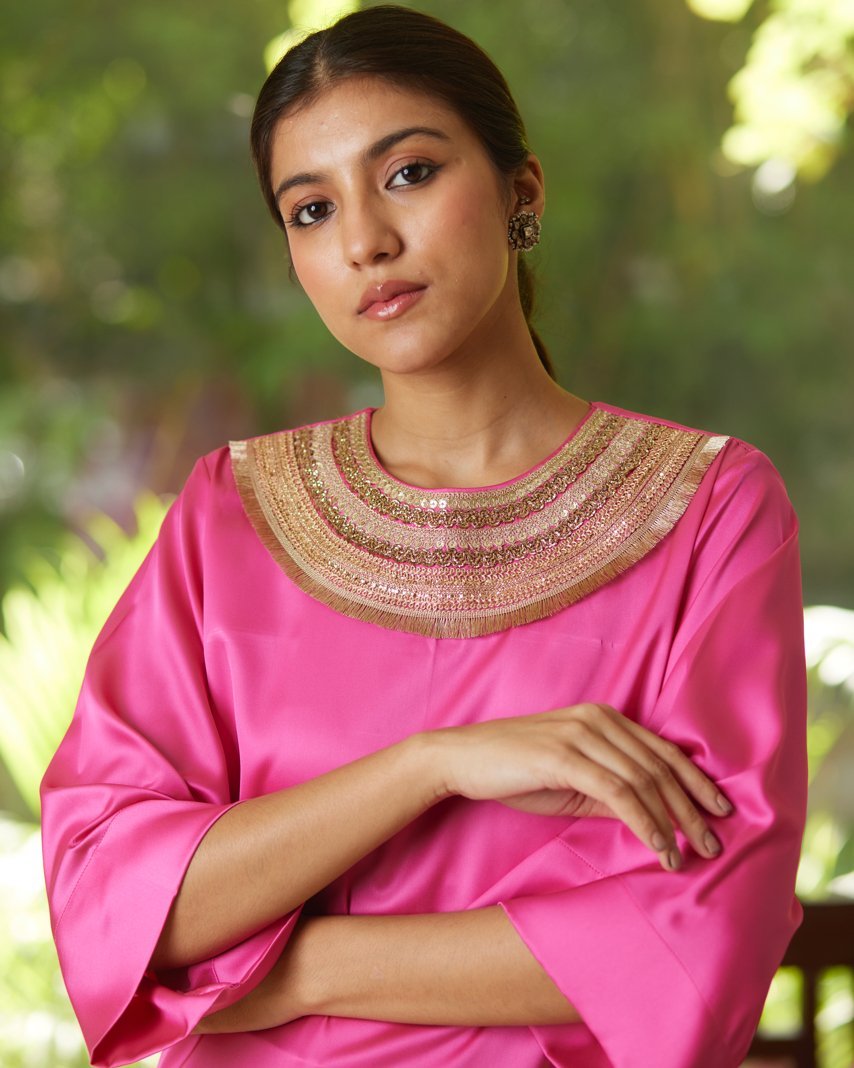 Pink Satin Silk Kurta Set at Kamakhyaa by Mayura Kumar. This item is Casual Wear, Festive Wear, Kurta Pant Sets, Mayura Kumar, Natural, Pink, Regular Fit, Satin, Silk, Solids, Timeless Elegance, Womenswear