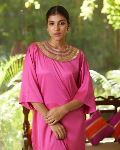 Pink Satin Silk Kurta Set at Kamakhyaa by Mayura Kumar. This item is Casual Wear, Festive Wear, Kurta Pant Sets, Mayura Kumar, Natural, Pink, Regular Fit, Satin, Silk, Solids, Timeless Elegance, Womenswear