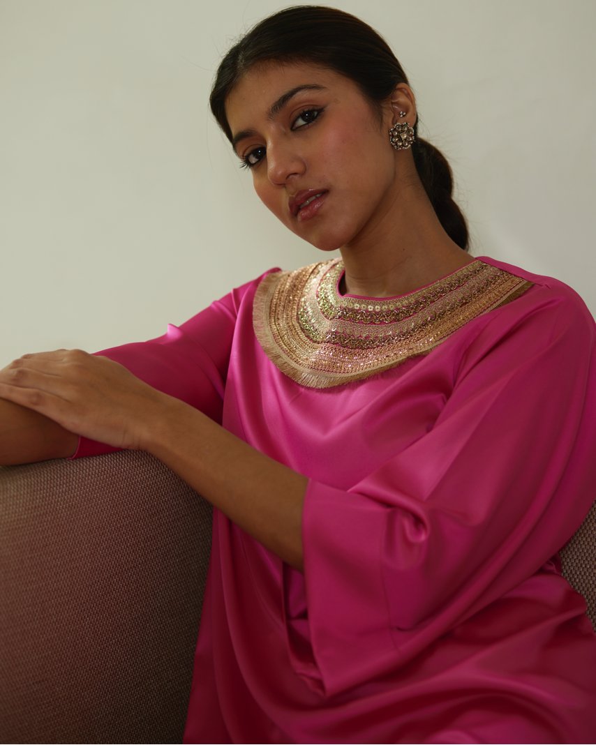 Pink Satin Silk Kurta Set at Kamakhyaa by Mayura Kumar. This item is Casual Wear, Festive Wear, Kurta Pant Sets, Mayura Kumar, Natural, Pink, Regular Fit, Satin, Silk, Solids, Timeless Elegance, Womenswear