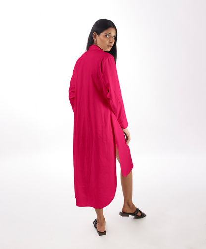 Pink Shirt Dress High-Low at Kamakhyaa by Kamakhyaa. This item is 100% pure cotton, Casual Wear, KKYSS, Natural, Pink, Relaxed Fit, Shirt Dresses, Solids, Summer Sutra, Womenswear