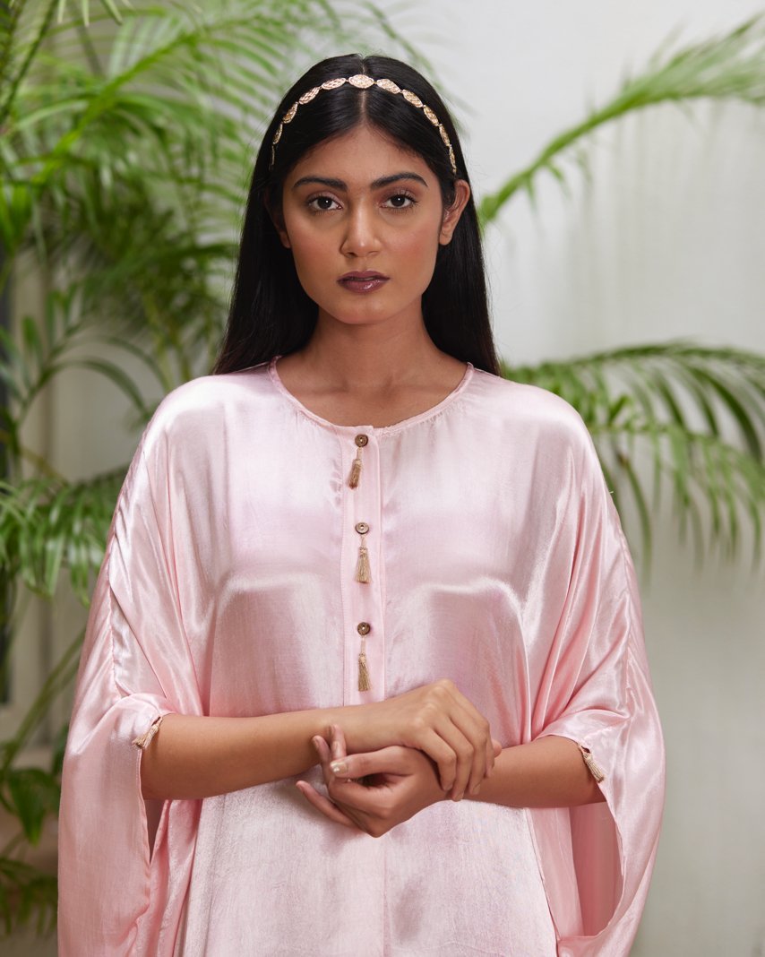 Pink Silk Kaftan With Golden Border at Kamakhyaa by Mayura Kumar. This item is Ajrakh Heritage, Casual Wear, Dresses, Festive Wear, Kaftans, Mayura Kumar, Modal Silk, Relaxed Fit, Solids, Womenswear