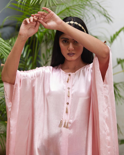 Pink Silk Kaftan With Golden Border at Kamakhyaa by Mayura Kumar. This item is Ajrakh Heritage, Casual Wear, Dresses, Festive Wear, Kaftans, Mayura Kumar, Modal Silk, Relaxed Fit, Solids, Womenswear