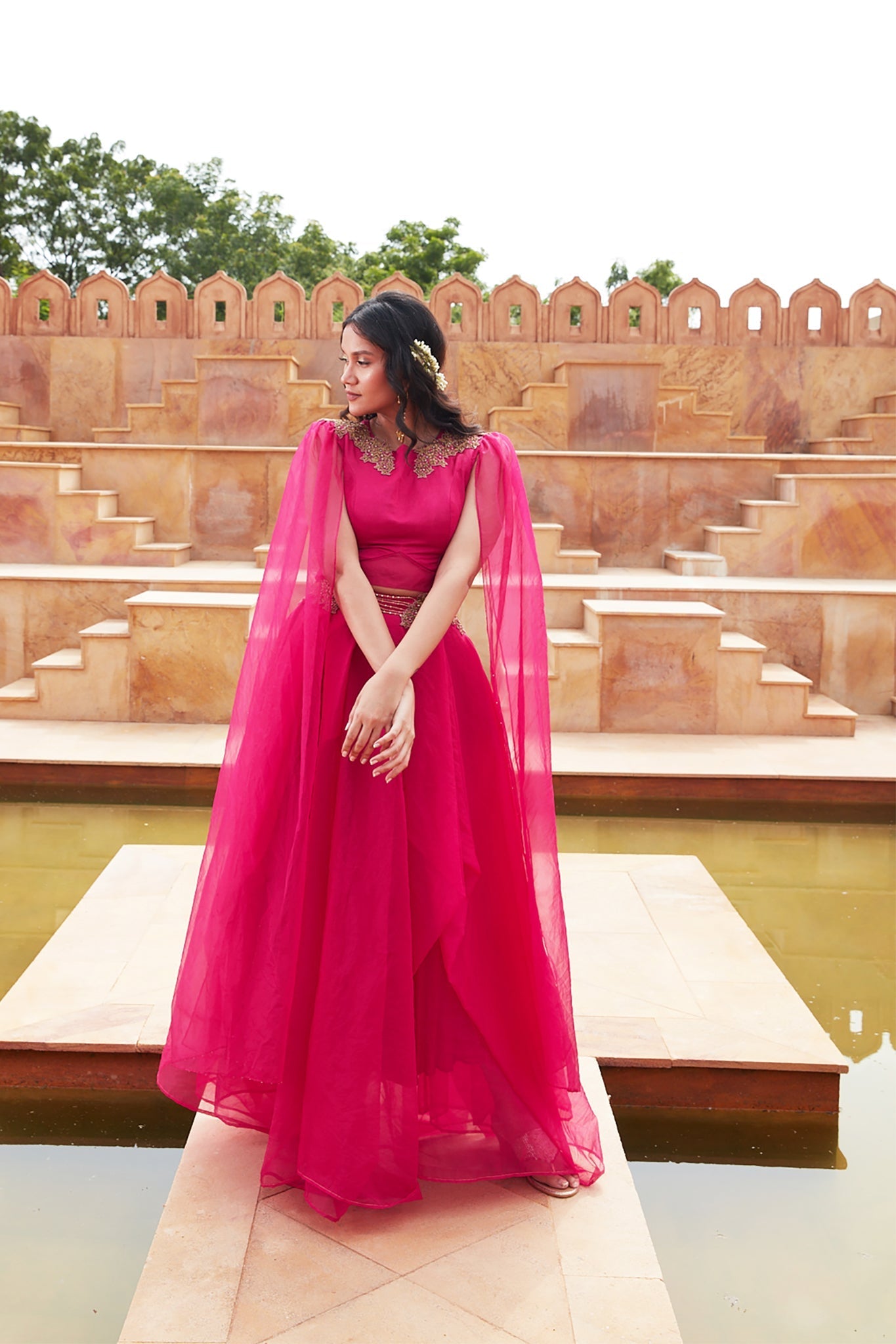 Pink Silk Organza Lehenga With Embroided Shoulders at Kamakhyaa by Chambray & Co.. This item is Chambray & Co, Embroidered, Indian Wear, Lehenga Sets, Natural, Organza, Party Wear, Pink, Regular Fit, Riwayat, Womenswear