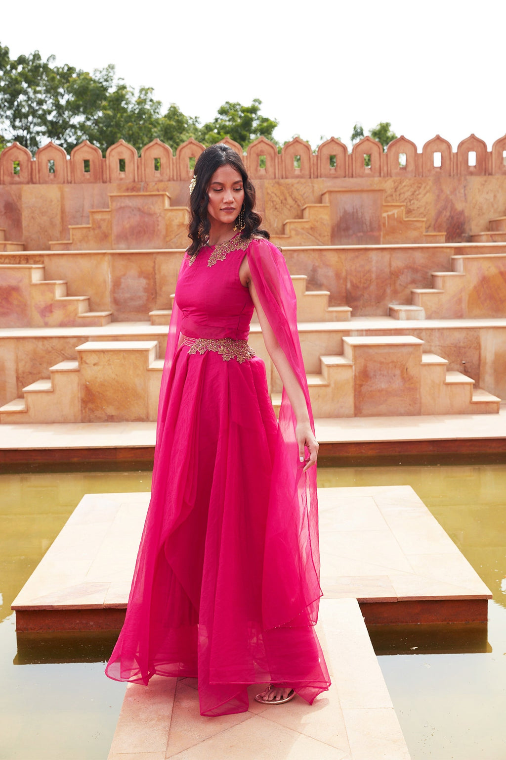 Pink Silk Organza Lehenga With Embroided Shoulders at Kamakhyaa by Chambray & Co.. This item is Chambray & Co, Embroidered, Indian Wear, Lehenga Sets, Natural, Organza, Party Wear, Pink, Regular Fit, Riwayat, Womenswear