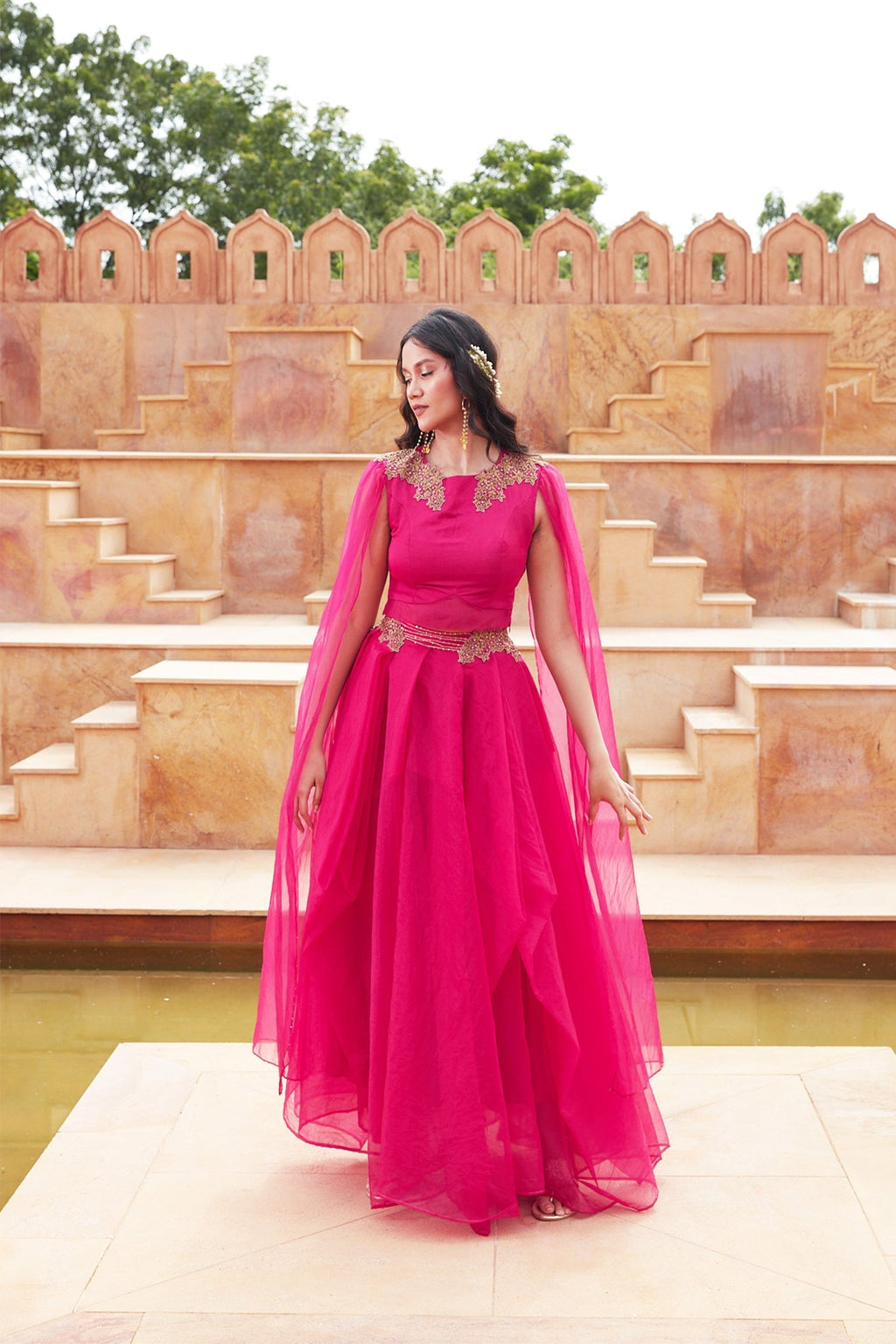 Pink Silk Organza Lehenga With Embroided Shoulders at Kamakhyaa by Chambray & Co.. This item is Chambray & Co, Embroidered, Indian Wear, Lehenga Sets, Natural, Organza, Party Wear, Pink, Regular Fit, Riwayat, Womenswear