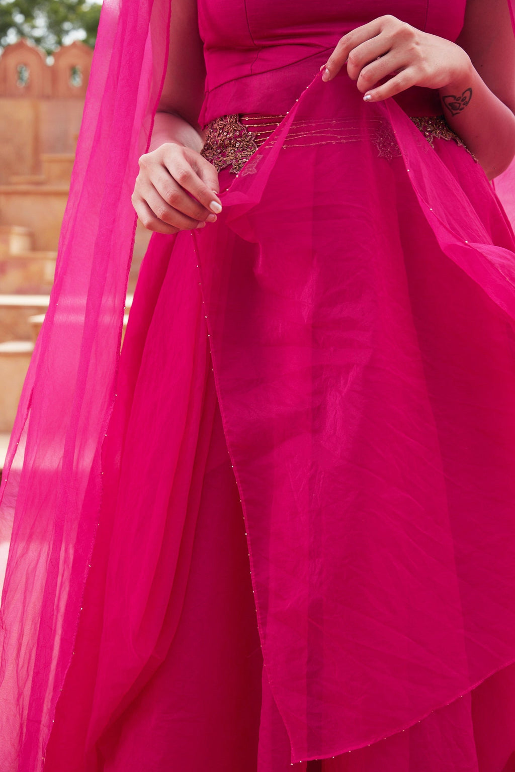 Pink Silk Organza Lehenga With Embroided Shoulders at Kamakhyaa by Chambray & Co.. This item is Chambray & Co, Embroidered, Indian Wear, Lehenga Sets, Natural, Organza, Party Wear, Pink, Regular Fit, Riwayat, Womenswear