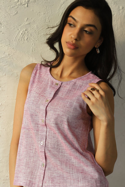 Pink Sleeveless Buttoned Top With Shorts Co-Ord Set at Kamakhyaa by Canoopi. This item is Canoopi, Casual Wear, Complete Sets, Khadi, Natural, Pink, Regular Fit, Solids, Vacation Co-ords, Womenswear