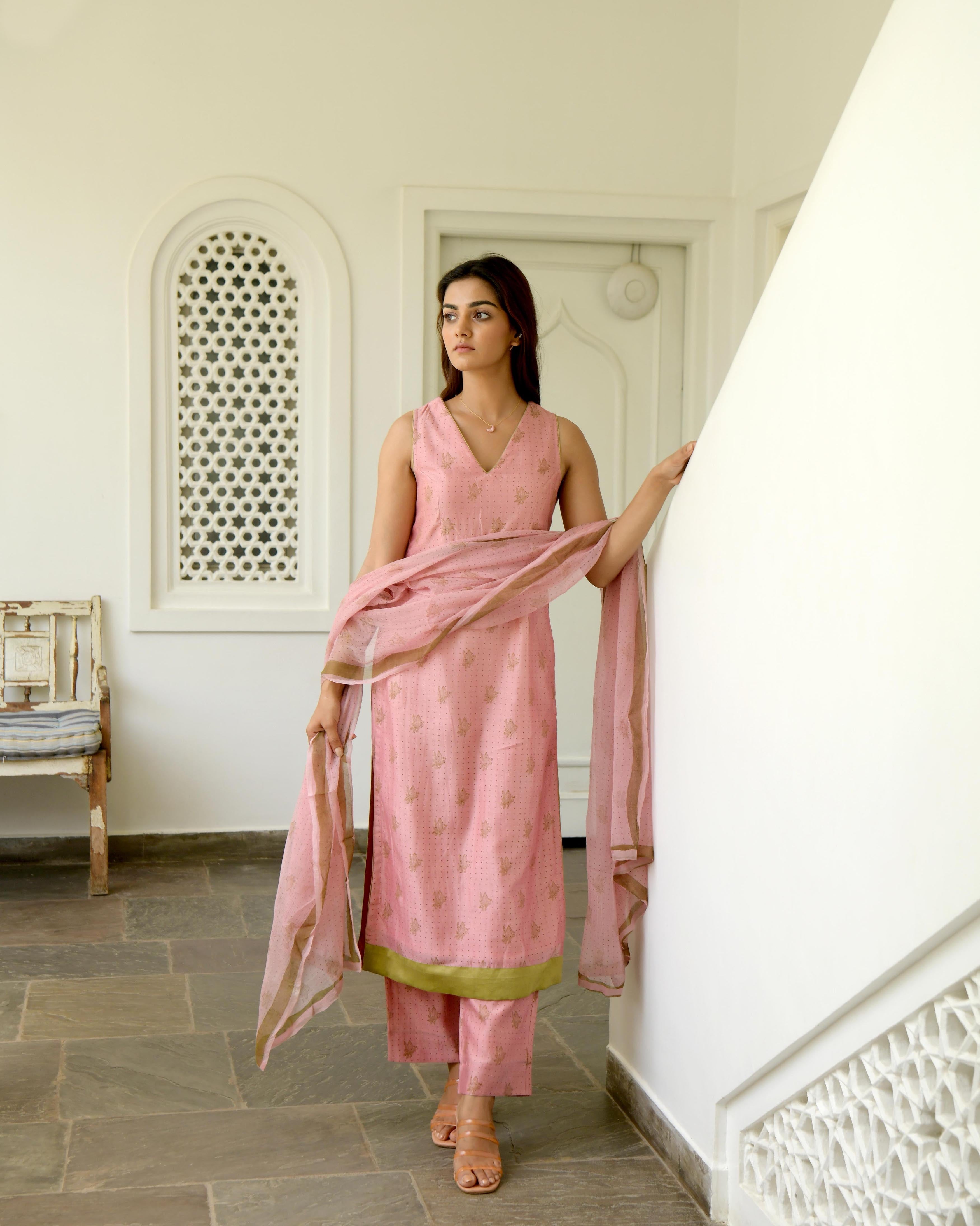 Beige cotton silk kurta set with chanderi Benarasi dupatta - Set of three  by The Hemming Bird | The Secret Label