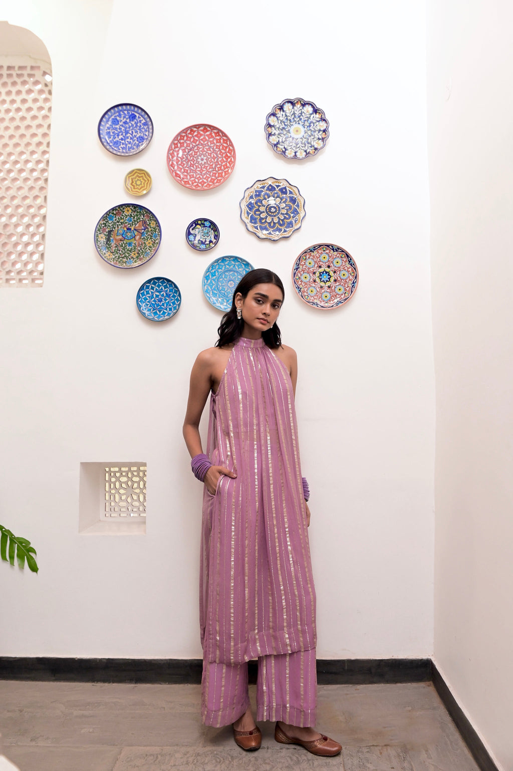 Pink Sleeveless Halter Co-ord Set at Kamakhyaa by Taro. This item is Chaandi, Co-ord Sets, Cotton, Cotton Lurex, Halter Neck Dresses, Natural, Partywear Co-ords, Pink, Regular Fit, Sleeveless, Solids, Womenswear