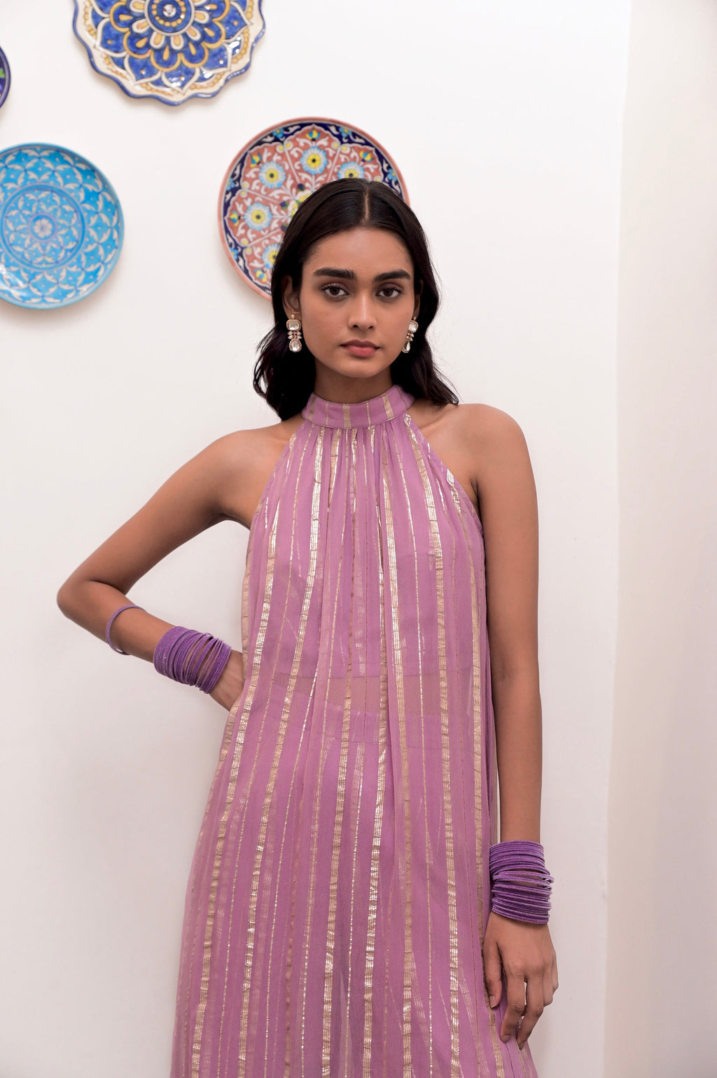 Pink Sleeveless Halter Co-ord Set at Kamakhyaa by Taro. This item is Chaandi, Co-ord Sets, Cotton, Cotton Lurex, Halter Neck Dresses, Natural, Partywear Co-ords, Pink, Regular Fit, Sleeveless, Solids, Womenswear