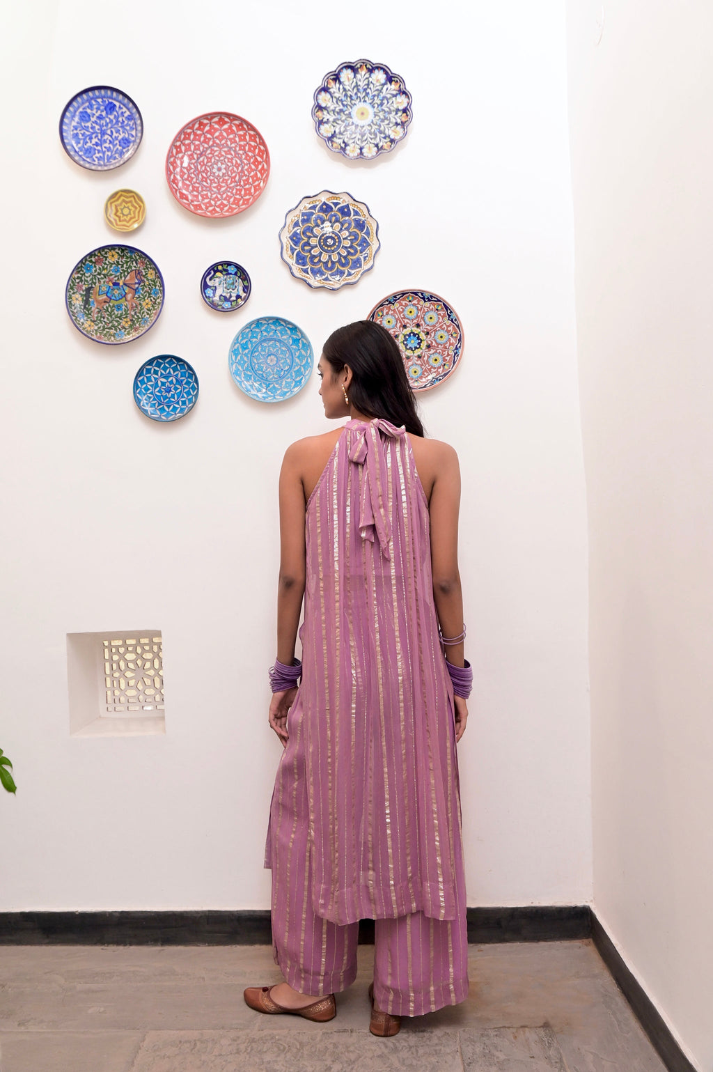 Pink Sleeveless Halter Co-ord Set at Kamakhyaa by Taro. This item is Chaandi, Co-ord Sets, Cotton, Cotton Lurex, Halter Neck Dresses, Natural, Partywear Co-ords, Pink, Regular Fit, Sleeveless, Solids, Womenswear