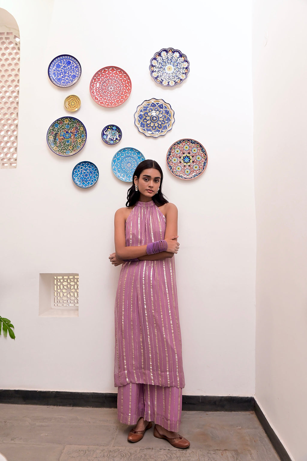 Pink Sleeveless Halter Co-ord Set at Kamakhyaa by Taro. This item is Chaandi, Co-ord Sets, Cotton, Cotton Lurex, Halter Neck Dresses, Natural, Partywear Co-ords, Pink, Regular Fit, Sleeveless, Solids, Womenswear