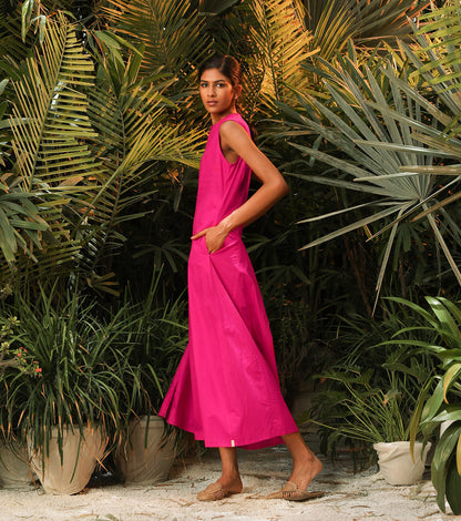 Pink Sleeveless Maxi Dress at Kamakhyaa by Khara Kapas. This item is Lost In paradise, Maxi Dresses, Natural, Pink, Poplin, Regular Fit, Resort Wear, Sleeveless Dresses, Solids, Womenswear