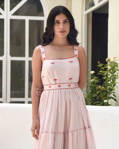 Pink Sleeveless Satin Tiered Dress at Kamakhyaa by Taro. This item is Dusk To Dawn, Evening Wear, July Sale, July Sale 2023, Modal Satin, Natural, Pink, Regular Fit, Silk, Sleeveless Dresses, Tiered Dresses, Womenswear