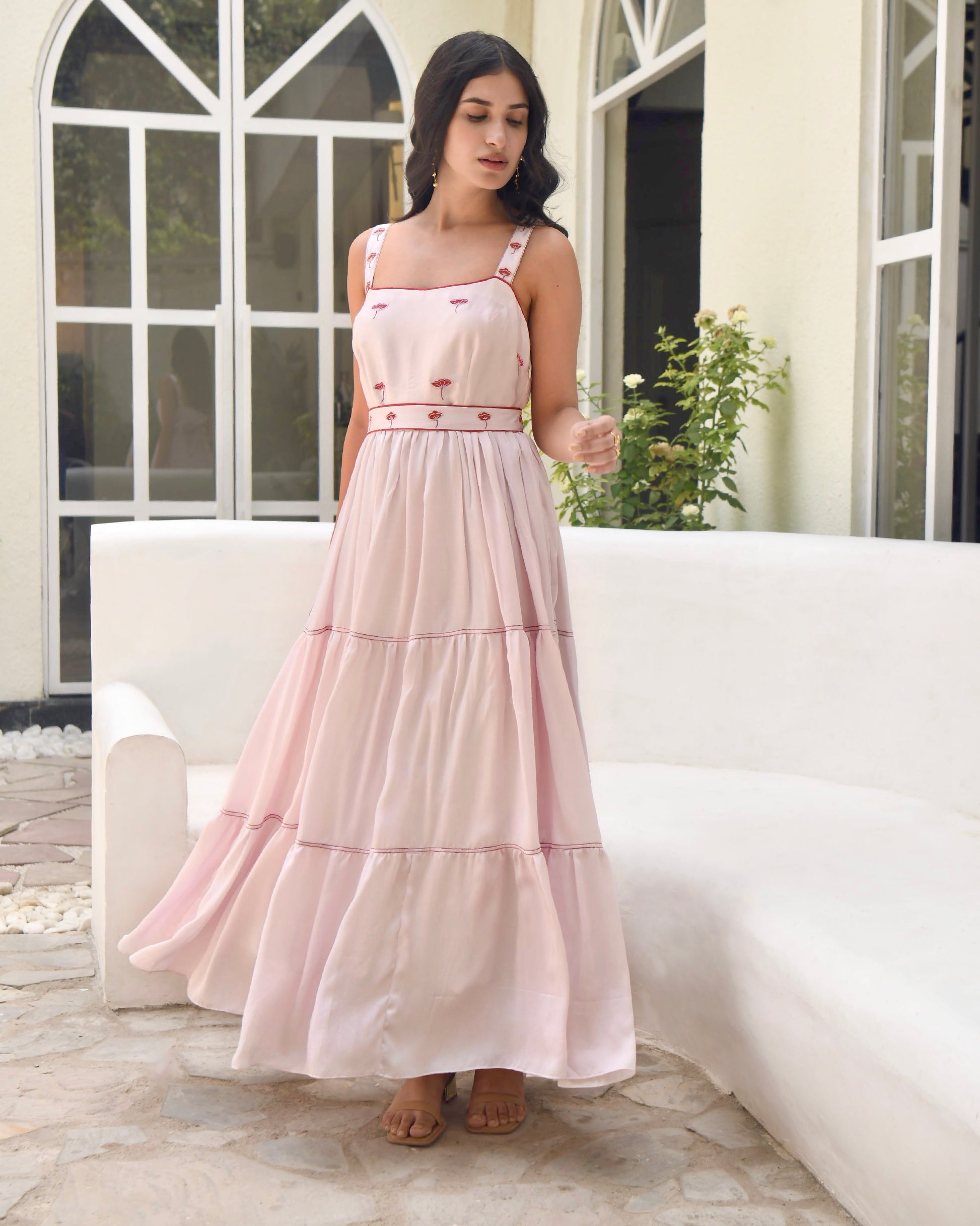 Pink Sleeveless Satin Tiered Dress at Kamakhyaa by Taro. This item is Dusk To Dawn, Evening Wear, July Sale, July Sale 2023, Modal Satin, Natural, Pink, Regular Fit, Silk, Sleeveless Dresses, Tiered Dresses, Womenswear