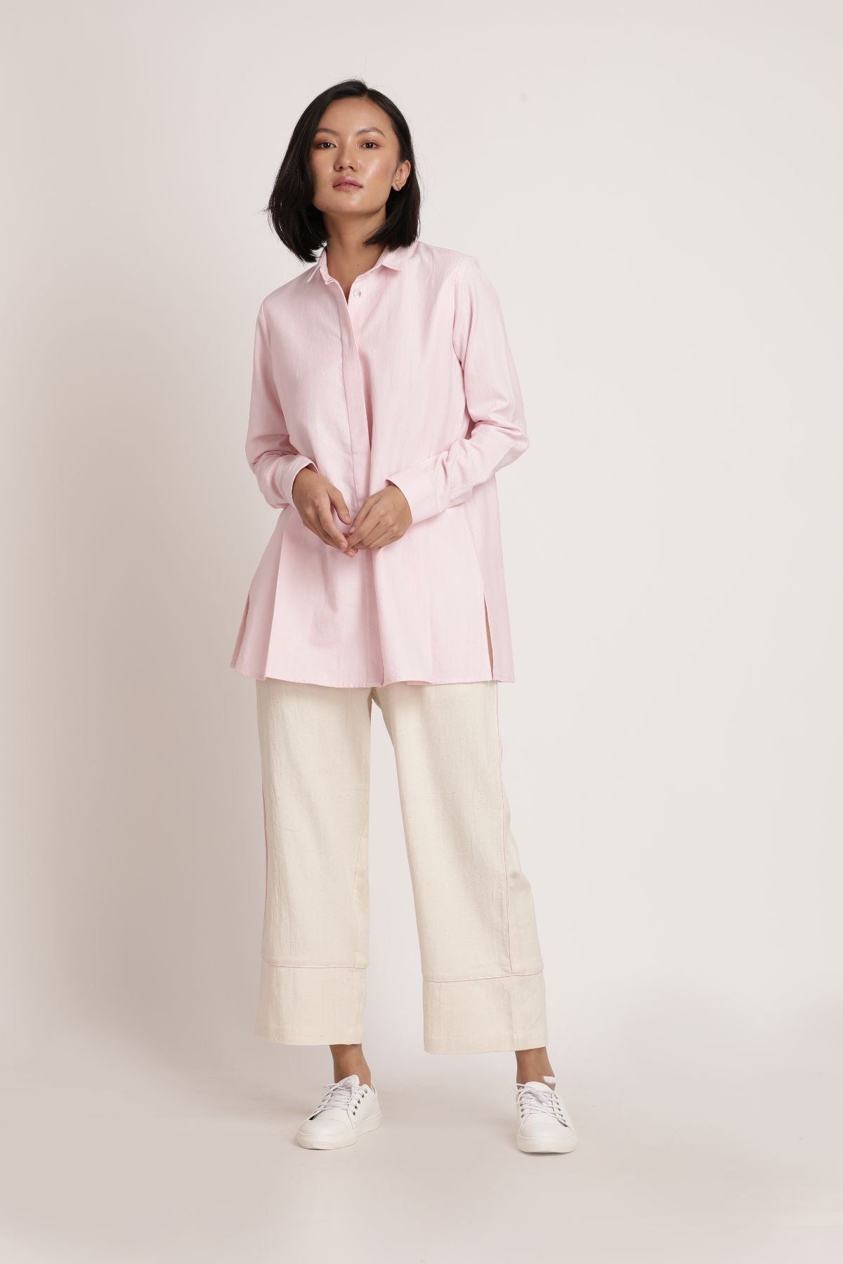 Pink Sora Beju Set at Kamakhyaa by Itya. This item is Co-ord Sets, Hand Spun Cotton, Handwoven cotton, Natural, Off-white, Office, Office Wear, Office Wear Co-ords, Pastel Perfect, Pastel Perfect by Itya, Pink, Plant Dye, Relaxed Fit, Solids, SS22, Womenswear