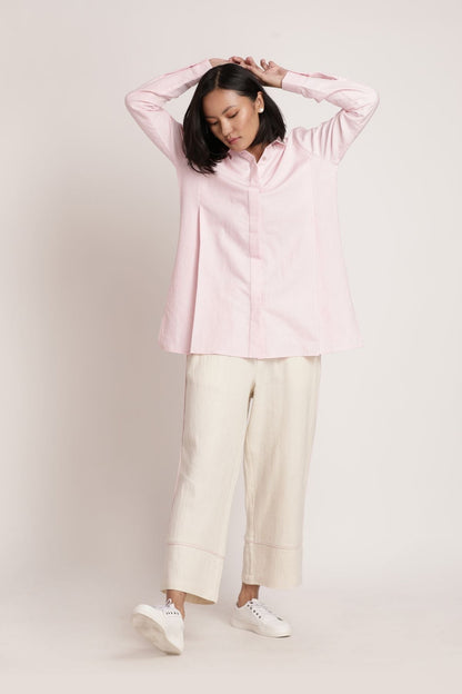 Pink Sora Shirt at Kamakhyaa by Itya. This item is Hand Spun Cotton, Handwoven cotton, Natural, Office Wear, Pastel Perfect, Pastel Perfect by Itya, Pink, Plant Dye, Relaxed Fit, Shirts, Solids, SS22, Tops, Womenswear