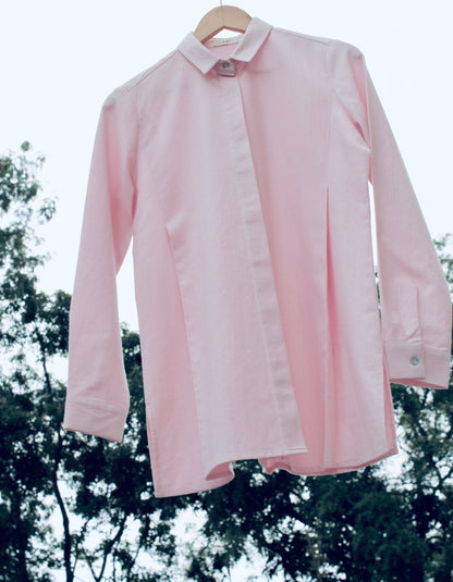 Pink Sora Shirt at Kamakhyaa by Itya. This item is Hand Spun Cotton, Handwoven cotton, Natural, Office Wear, Pastel Perfect, Pastel Perfect by Itya, Pink, Plant Dye, Relaxed Fit, Shirts, Solids, SS22, Tops, Womenswear