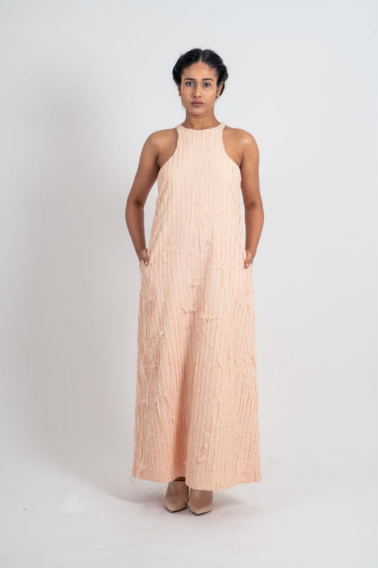 Pink Textured Halter Dress at Kamakhyaa by Ahmev. This item is Casual Wear, FB ADS JUNE, Halter Neck Dresses, Handloom Cotton, July Sale, July Sale 2023, Maxi Dresses, Natural, Pink, Relaxed Fit, Textured, Womenswear