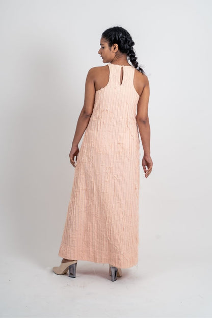 Pink Textured Halter Dress at Kamakhyaa by Ahmev. This item is Casual Wear, FB ADS JUNE, Halter Neck Dresses, Handloom Cotton, July Sale, July Sale 2023, Maxi Dresses, Natural, Pink, Relaxed Fit, Textured, Womenswear