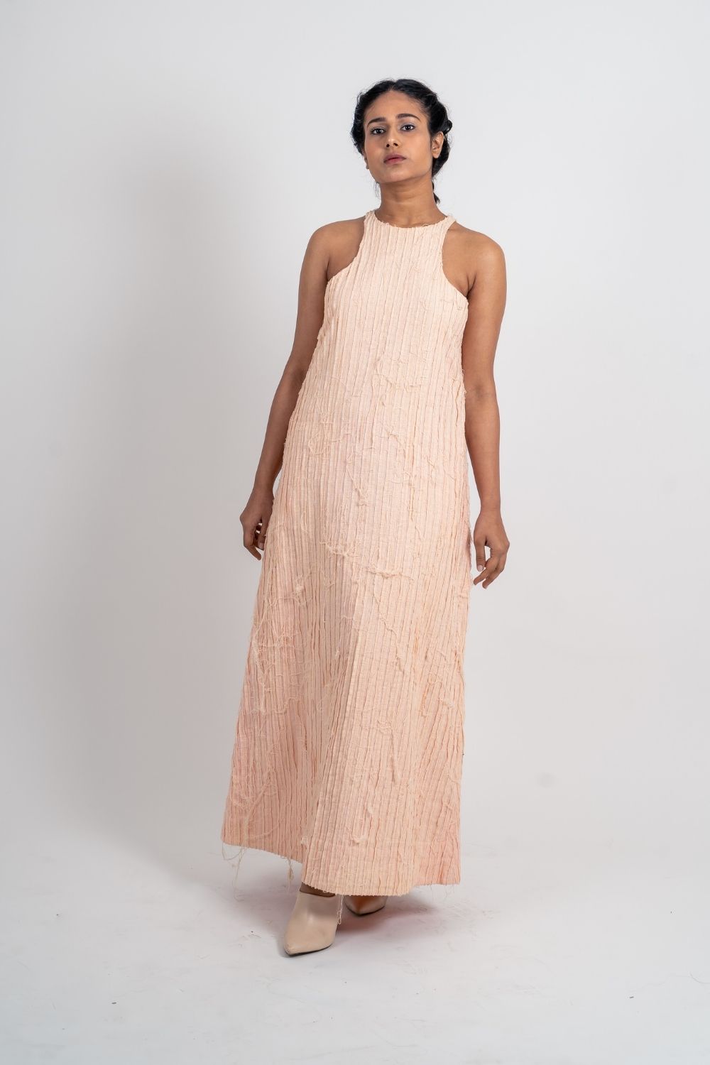 Pink Textured Halter Dress at Kamakhyaa by Ahmev. This item is Casual Wear, FB ADS JUNE, Halter Neck Dresses, Handloom Cotton, July Sale, July Sale 2023, Maxi Dresses, Natural, Pink, Relaxed Fit, Textured, Womenswear