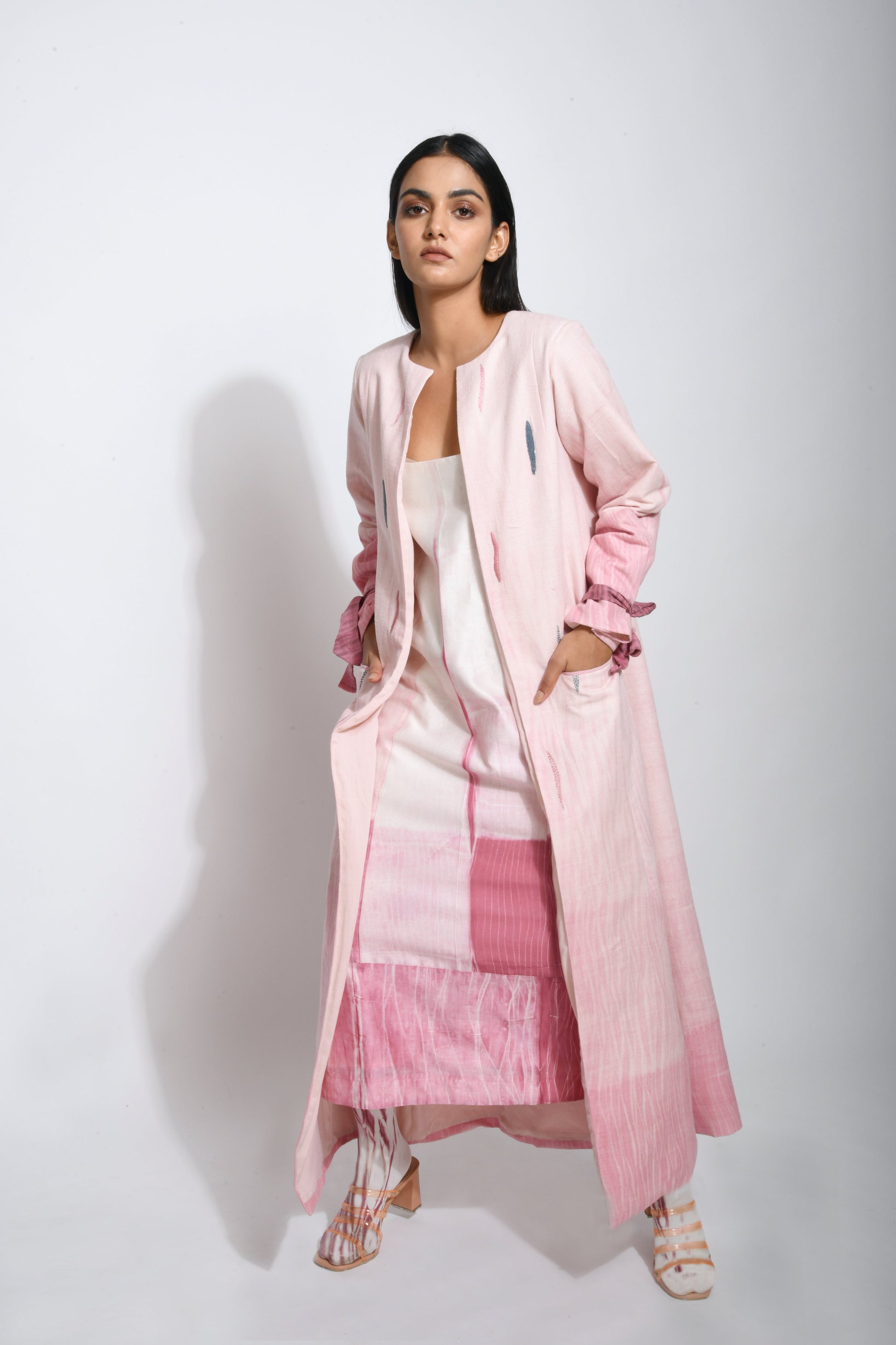 Pink Textured Midi Dress at Kamakhyaa by The Loom Art. This item is Best Selling, Between the Lines, Chanderi Silk, FB ADS JUNE, July Sale, July Sale 2023, Midi Dresses, Natural, Ombre & Dyes, Party Wear, Pink, Regular Fit, Sleeveless Dresses, Womenswear