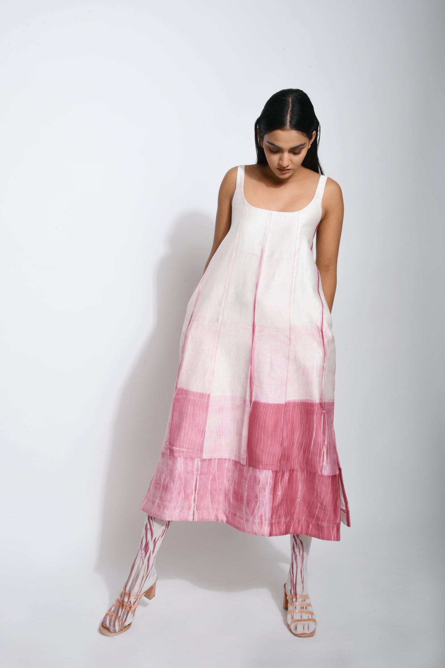 Pink Textured Midi Dress at Kamakhyaa by The Loom Art. This item is Best Selling, Between the Lines, Chanderi Silk, FB ADS JUNE, July Sale, July Sale 2023, Midi Dresses, Natural, Ombre & Dyes, Party Wear, Pink, Regular Fit, Sleeveless Dresses, Womenswear