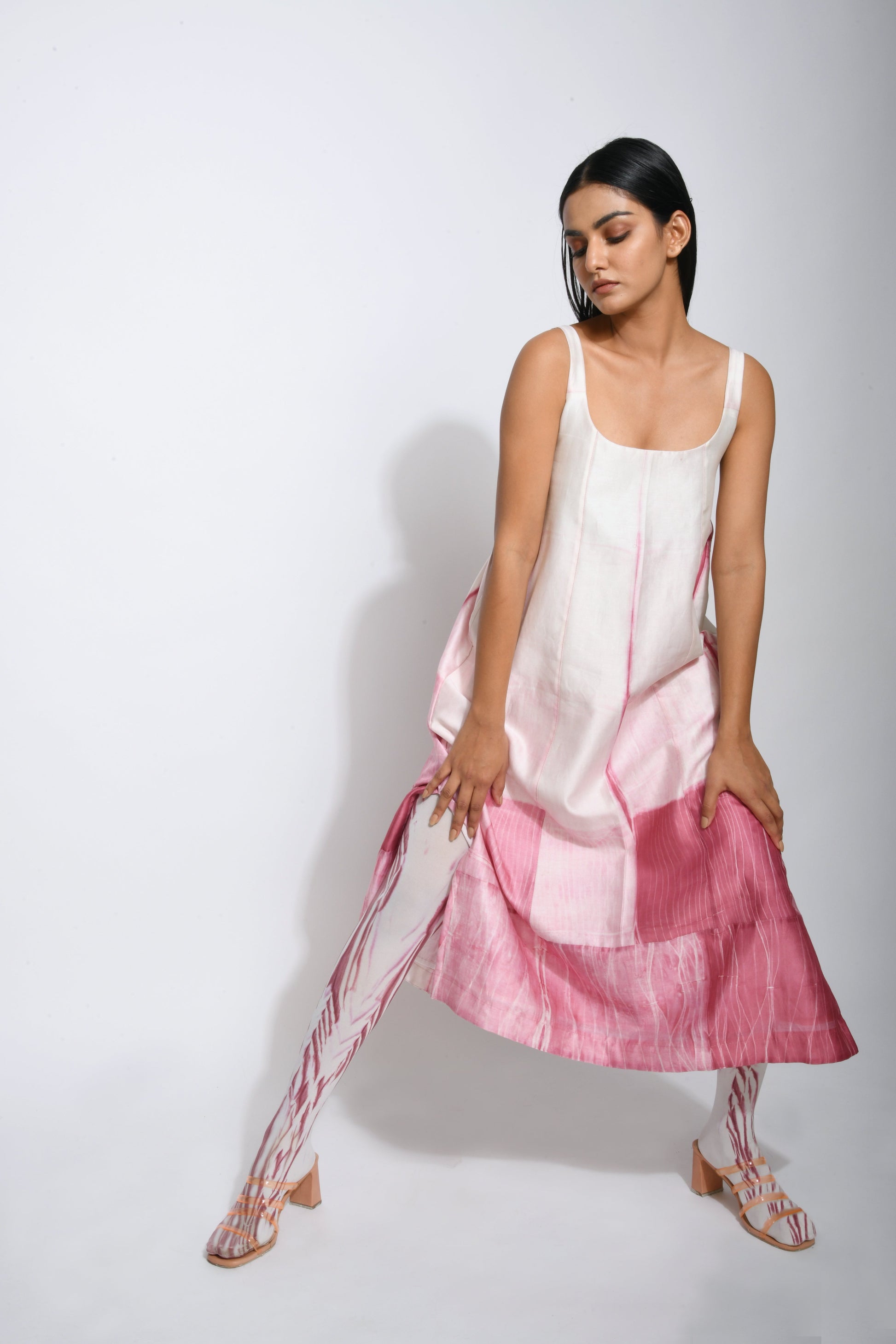 Pink Textured Midi Dress at Kamakhyaa by The Loom Art. This item is Best Selling, Between the Lines, Chanderi Silk, FB ADS JUNE, July Sale, July Sale 2023, Midi Dresses, Natural, Ombre & Dyes, Party Wear, Pink, Regular Fit, Sleeveless Dresses, Womenswear