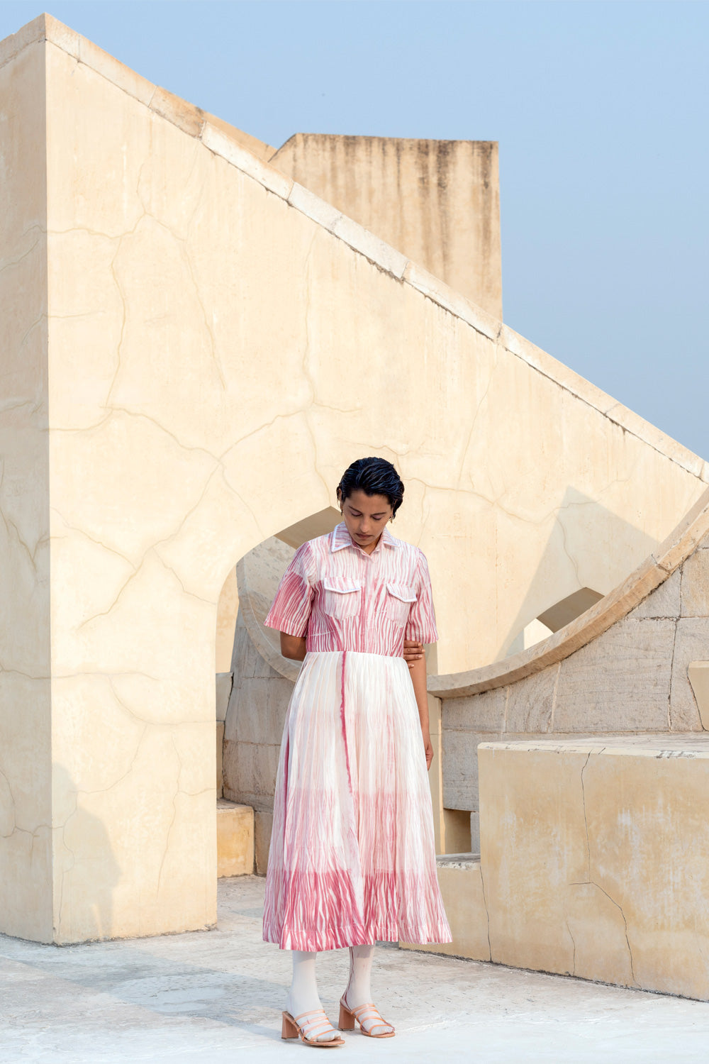 Pink Textured Midi Dress at Kamakhyaa by The Loom Art. This item is Between the Lines, Chanderi Silk, July Sale, July Sale 2023, Midi Dresses, Natural, Ombre & Dyes, Party Wear, Pink, Printed Selfsame, Regular Fit, Shirt Dresses, Womenswear