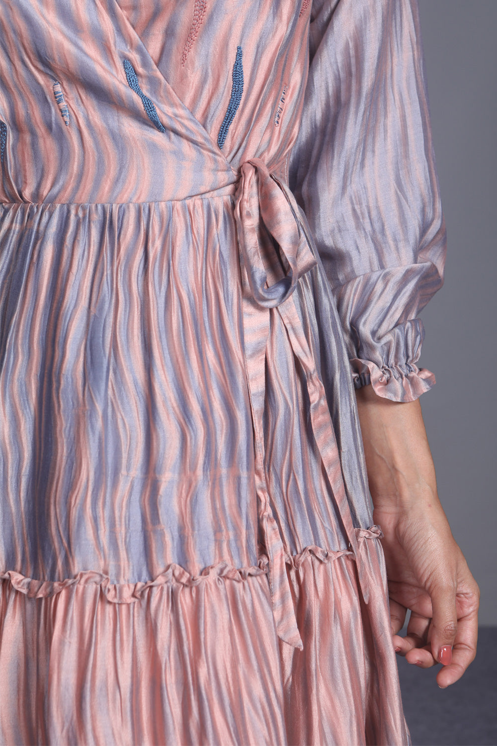 Pink Textured Tier Dress at Kamakhyaa by The Loom Art. This item is Between the Lines, Fall, July Sale, July Sale 2023, Maxi Dresses, Natural, Ombre & Dyes, Party Wear, Pink, Regular Fit, Tiered Dresses, Womenswear, Wrap Dresses