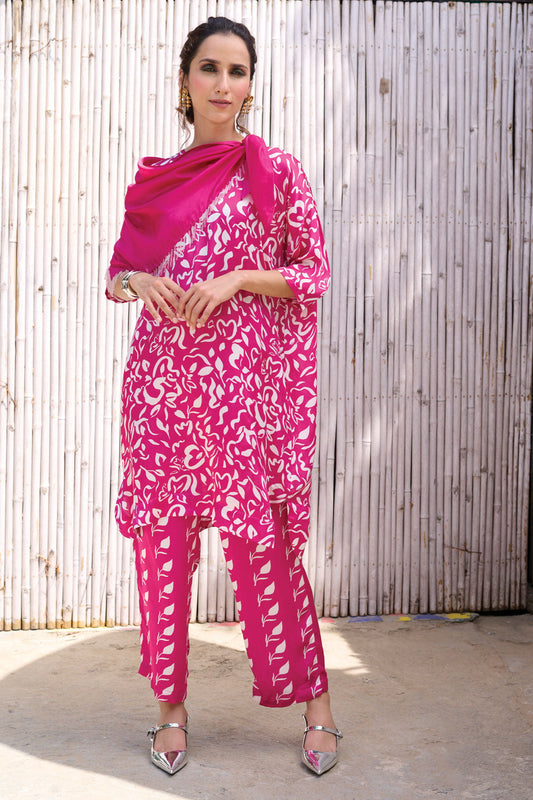 Pink Three Piece Printed Set at Kamakhyaa by Kanelle. This item is Cotton, Festive Wear, Natural, Partywear Co-ord, Partywear Co-ords, Pink, Printed, Rang, Satin, Slik, Womenswear