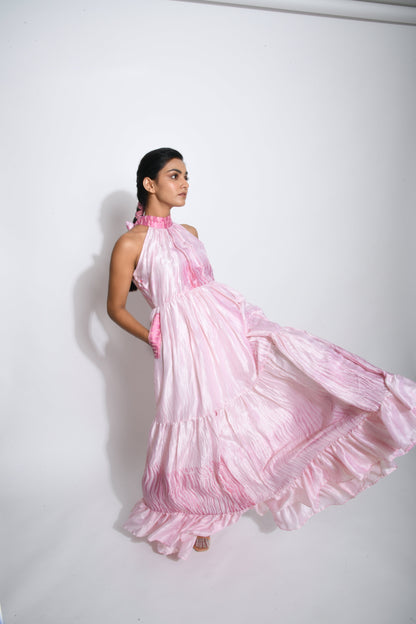 Pink Tiered Dress at Kamakhyaa by The Loom Art. This item is Between the Lines, Halter Neck Dresses, July Sale, July Sale 2023, Maxi Dresses, Natural, Party Wear, Pink, Regular Fit, Silk, Tiered Dresses, Womenswear