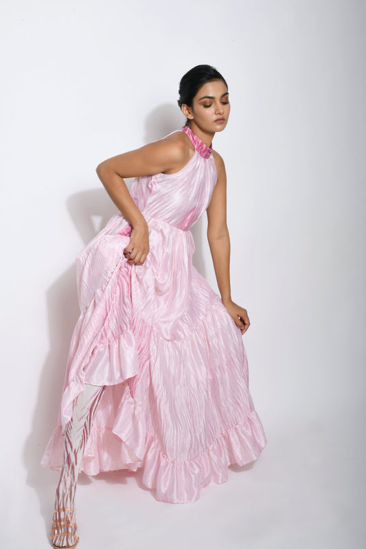 Pink Tiered Dress at Kamakhyaa by The Loom Art. This item is Between the Lines, Halter Neck Dresses, July Sale, July Sale 2023, Maxi Dresses, Natural, Party Wear, Pink, Regular Fit, Silk, Tiered Dresses, Womenswear