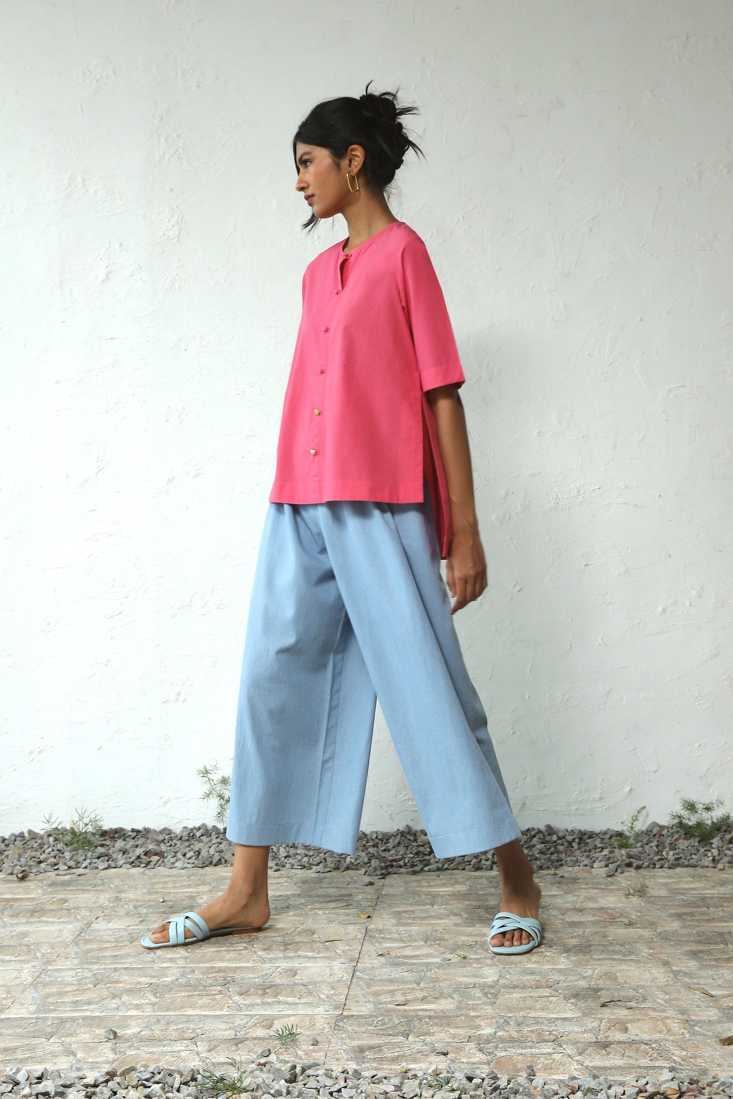 Pink Top With Blue Pant Set at Kamakhyaa by Canoopi. This item is Blue, Canoopi, Casual Wear, Complete Sets, Denim, Natural, Pink, Poplin, Regular Fit, Solids, Vacation Co-ords, Womenswear