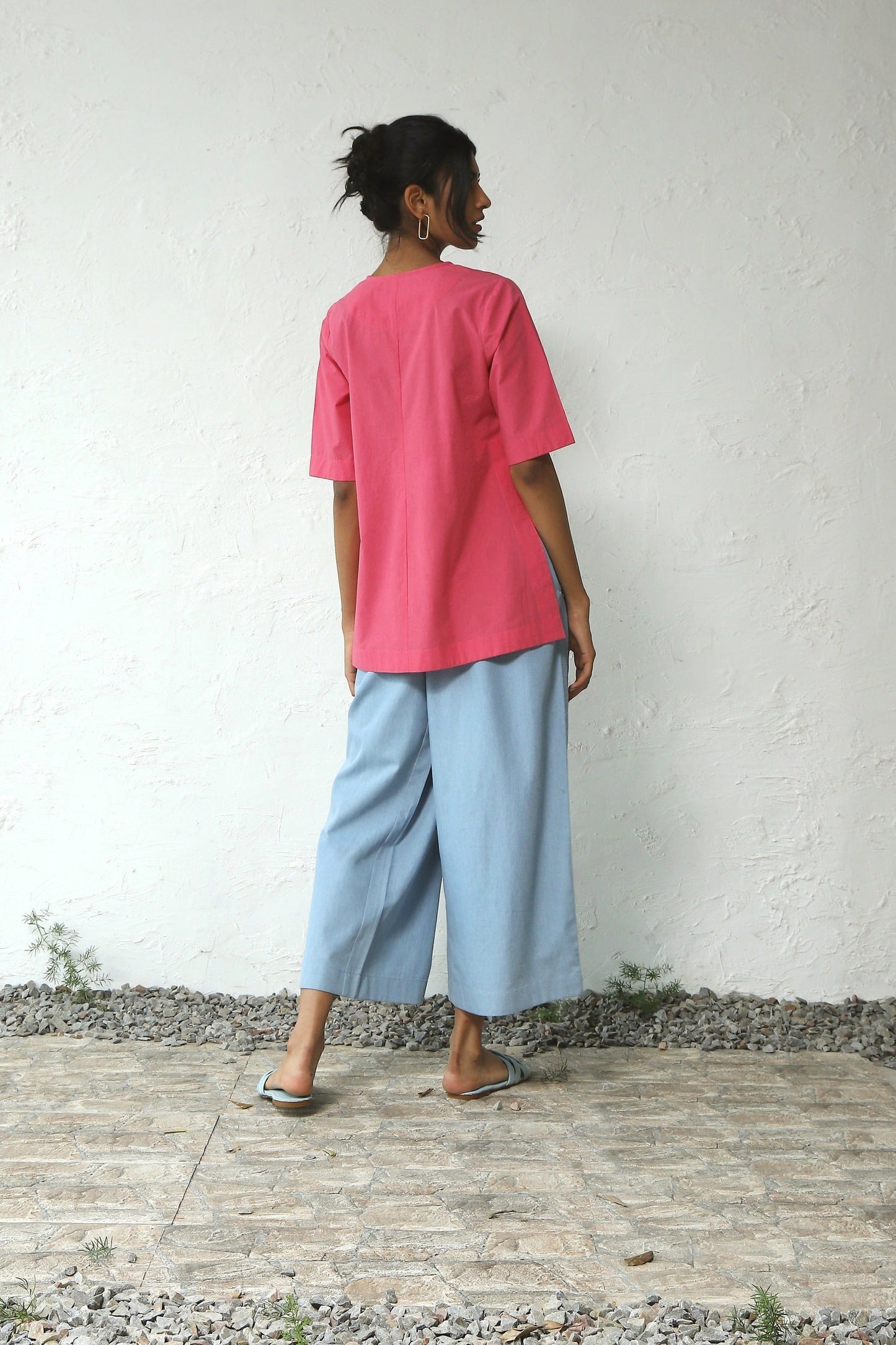 Pink Top With Blue Pant Set at Kamakhyaa by Canoopi. This item is Blue, Canoopi, Casual Wear, Complete Sets, Denim, Natural, Pink, Poplin, Regular Fit, Solids, Vacation Co-ords, Womenswear